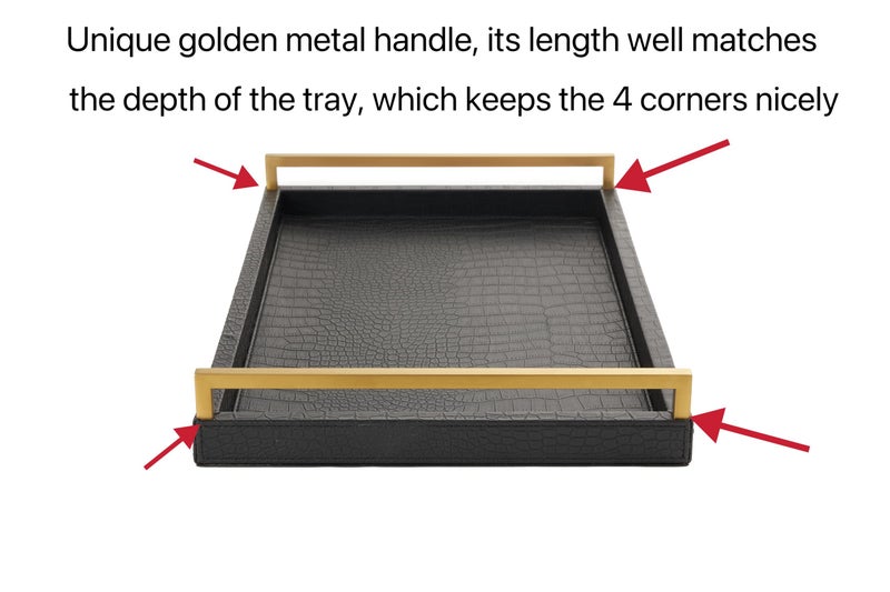 WV 17.8X 11.8 Leather Ottoman Tray, Big Serving Tray with Brushed Gold Handles for Bars, Parties, Dinning, Decorative Tray for Modern Home Decor, Bathroom Vanity (Black) - Image 2